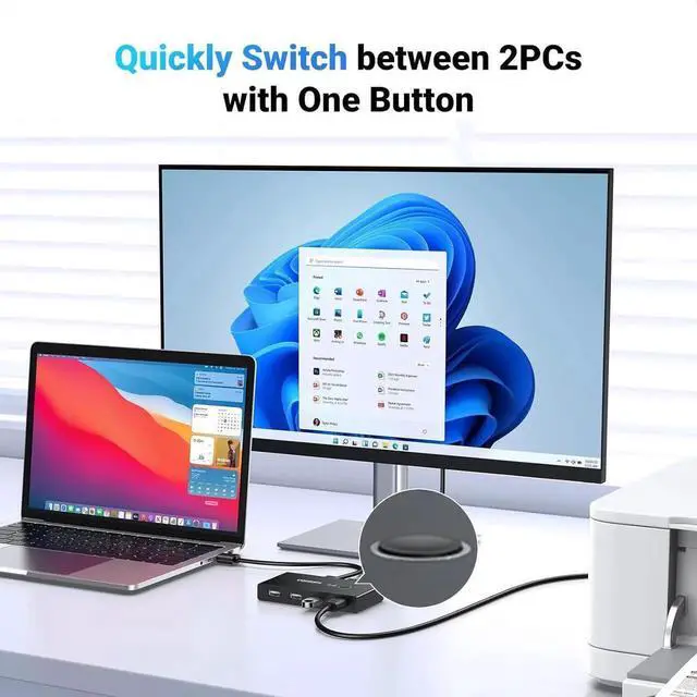 Alt view image 7 of 7 - Vszerda USB 2.0 Switch Selector, 2 Computers Share 4 USB Devices, One-Button USB Peripheral Switcher Box for Keyboard Mouse Printer Scanner, Includes 2 Pack USB A to A Cables