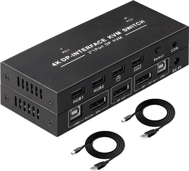 Main image of Vszerda 2-Port 2 In 1 Out DP 1.2 DisplayPort KVM Switch, 4K@60Hz, 2 PCs Share One Monitor, Keyboard & Mouse, Built-in 4 USB 2.0 Ports, Includes 2pcs 1.5m/5ft USB KVM Cables