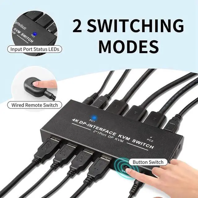 Alt view image 3 of 7 - Vszerda 2-Port 2 In 1 Out DP 1.2 DisplayPort KVM Switch, 4K@60Hz, 2 PCs Share One Monitor, Keyboard & Mouse, Built-in 4 USB 2.0 Ports, Includes 2pcs 1.5m/5ft USB KVM Cables
