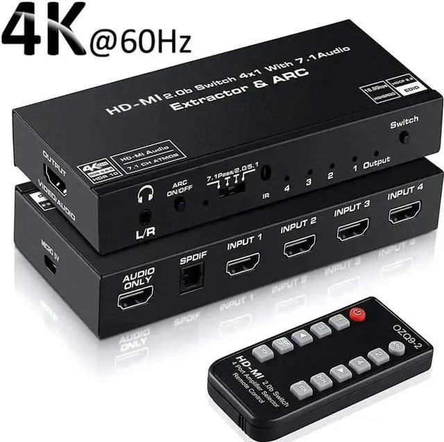 Main image of Vszerda 4 In 1 Out HDMI 2.0b Switch with Audio Extractor IR Remote, 4K@60Hz HDR Dolby Vision ARC Splitter, Optical SPDIF + 3.5mm AUX Audio Output HDCP2.2 18Gbps