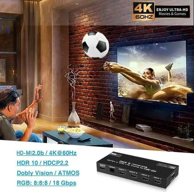 Alt view image 5 of 7 - Vszerda 4K@60Hz 4 in 1 Out HDMI Switch Audio Extractor with Optical SPDIF & 3.5mm AUX Output, ARC, HDCP 2.2, HDR10, RGB 8:8:8 7.1CH Dolby Atmos, Adjustable EDID Function