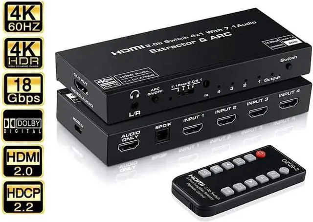 Main image of Vszerda 4K@60Hz 4 in 1 Out HDMI Switch Audio Extractor with Optical SPDIF & 3.5mm AUX Output, ARC, HDCP 2.2, HDR10, RGB 8:8:8 7.1CH Dolby Atmos, Adjustable EDID Function