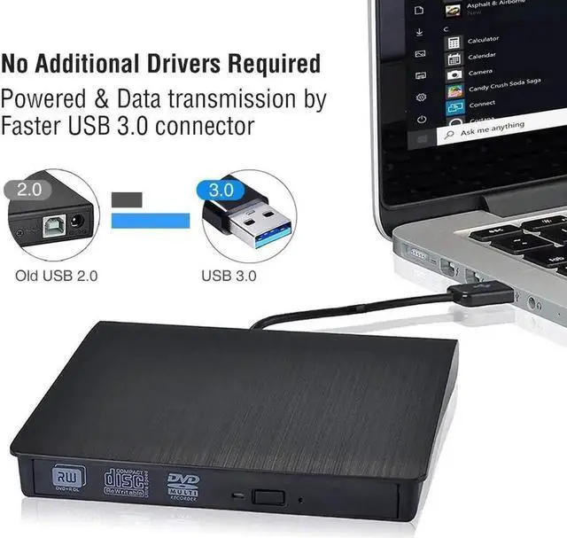 Alt view image 2 of 7 - Vszerda USB 3.0 Slim External CD DVD Drive Portable CD/DVD +/-RW Rewriter Burner Compatible with Laptop Desktop Windows Mac Linux Black