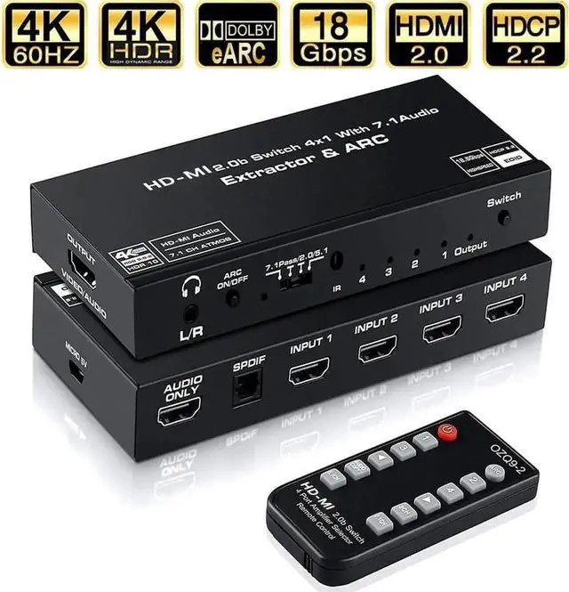Main image of Vszerda 4 in 1 Out HDMI 2.0 Switch with Audio Extractor & ARC, 4K@60Hz HDMI Switcher Support Toslink SPDIF + 3.5mm AUX Output, HDCP2.2 Auto Switch IR Remote for 4K TV Home Theater