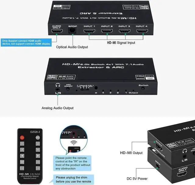 Alt view image 4 of 7 - Vszerda 4 in 1 Out HDMI 2.0 Switch with Audio Extractor & ARC, 4K@60Hz HDMI Switcher Support Toslink SPDIF + 3.5mm AUX Output, HDCP2.2 Auto Switch IR Remote for 4K TV Home Theater