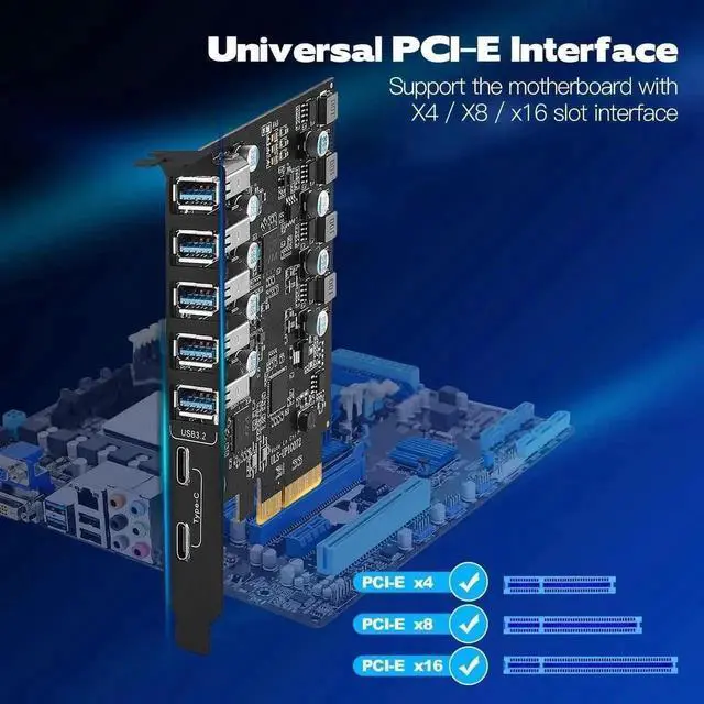 Alt view image 7 of 7 - Vszerda 7-Port PCIe USB 3.2 Gen 2 Front Expansion Card, Internal USB Hub Converter with 5 USB-A & 2 USB-C Ports, Super Speed 10Gbps PCI-E Adapter Supports Windows XP/7/8/10/11 & Linux