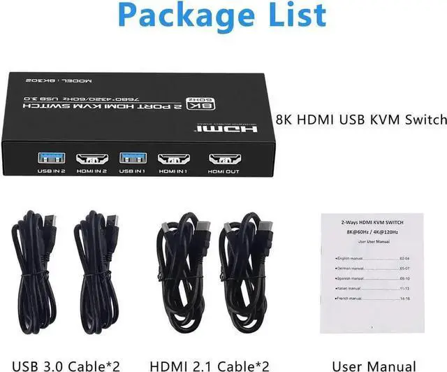 Alt view image 7 of 7 - Vszerda 2-Port 2 in 1 Out 8K@60Hz HDMI 2.1 KVM Switch, 2 PCs Share One Monitor & 3 USB 3.0 Peripherals, Support HDR, 3D, HDCP2.2, 2 HDMI 2.1 Cables + 2 USB 3.0 Cables Included