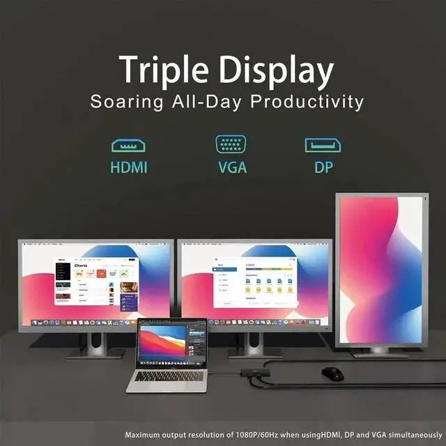 Alt view image 4 of 7 - Vszerda 11-in-1 USB-C Docking Station Triple Display Multiport Hub, 4K HDMI + VGA + DP, 3×10Gbps USB3.2, Gigabit Ethernet, 100W PD Charging, SD/TF Card Reader for USB-C Laptops
