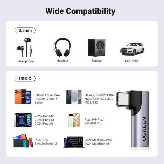 Alt view image 3 of 7 - UGREEN 2 Pack USB C to 3.5mm Audio Adapter, Right Angle Type C Aux Dongle with Built-in DAC Chip, HiFi Stereo & Mic Support, Compatible with iPhone 17/16/15 Pro Max/Plus, iPad Pro, Galaxy S25 Ultra, P