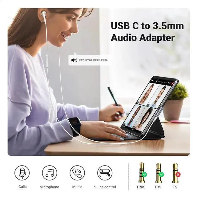 Alt view image 7 of 7 - UGREEN 2 Pack USB C to 3.5mm Audio Adapter, Right Angle Type C Aux Dongle with Built-in DAC Chip, HiFi Stereo & Mic Support, Compatible with iPhone 17/16/15 Pro Max/Plus, iPad Pro, Galaxy S25 Ultra, P