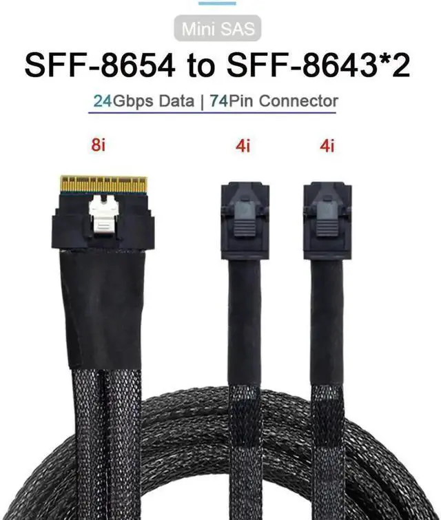 Main image of Vszerda PCIe 4.0 Ultraport Slimline SAS Breakout Cable 100cm, SFF-8654 8i 74Pin Male to Dual SFF-8643 4i Mini SAS HD Splitter Cable for Server NVMe RAID Backplane Storage Expansion