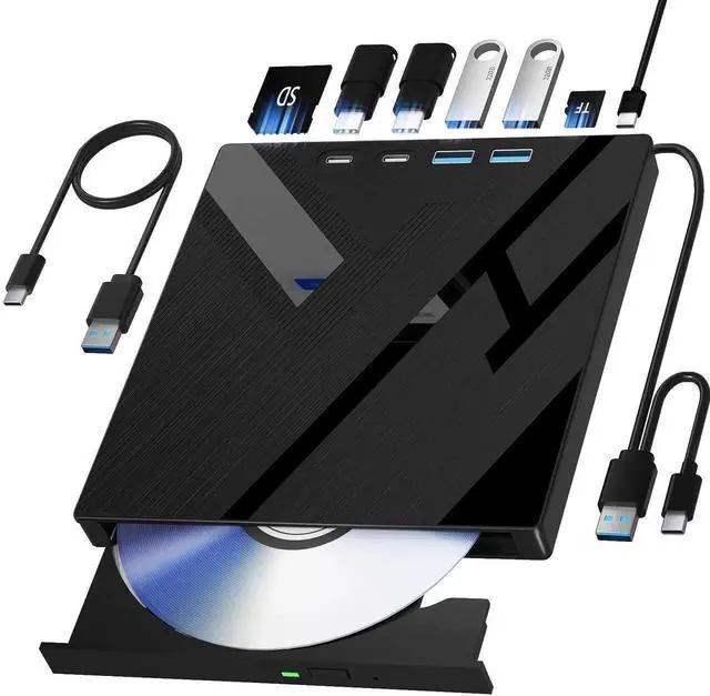 Main image of Vszerda 7 in 1 External CD DVD Drive with USB3.0 Type-C SD TF Card Reader, Portable DVD Burner Compatible with Windows Linux PC Laptop