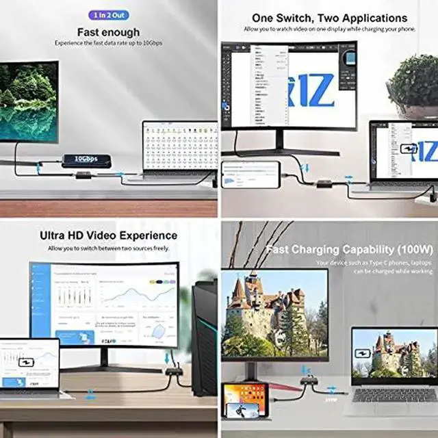 Alt view image 4 of 6 - Vszerda Bi-Directional USB-C MST 1-in-2 Switch Hub, Supports 8K@30Hz Video, 10Gbps USB 3.2 Data & 100W PD Pass-Through, 2-Way Type-C Selector for Laptops, Monitors and Docking Stations