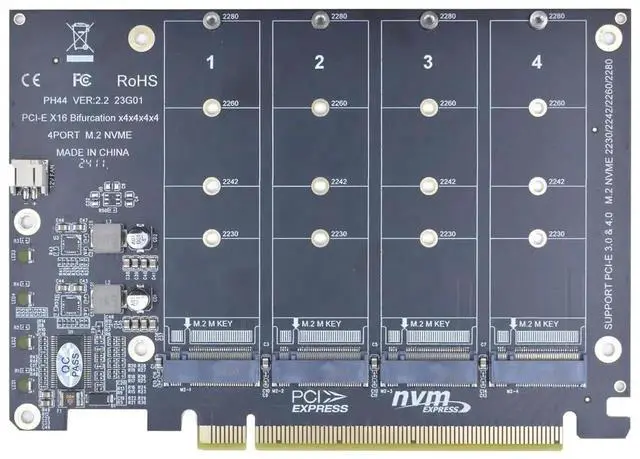 Alt view image 2 of 7 - Vszerda PCIe 4.0 x16 M.2 Expansion Card, 4-Port M-Key NVMe SSD Adapter Supports 2280/2260/2242/2230 Drives