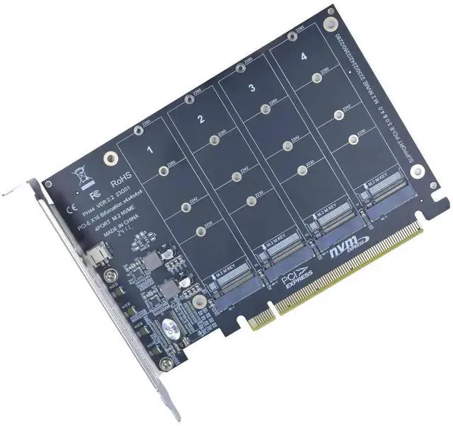 Alt view image 6 of 7 - Vszerda PCIe 4.0 x16 M.2 Expansion Card, 4-Port M-Key NVMe SSD Adapter Supports 2280/2260/2242/2230 Drives