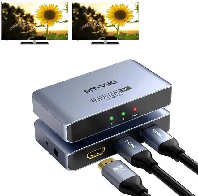 Main image of Vszerda MT-VIKI 1x2 HDMI 2.1 Splitter, 8K@60Hz 4K@120Hz Video Duplicator, 40Gbps High Bandwidth, HDCP 2.3, Aluminum Housing with EDID Management, Mirror Dual Displays, Non-Bi-Directional