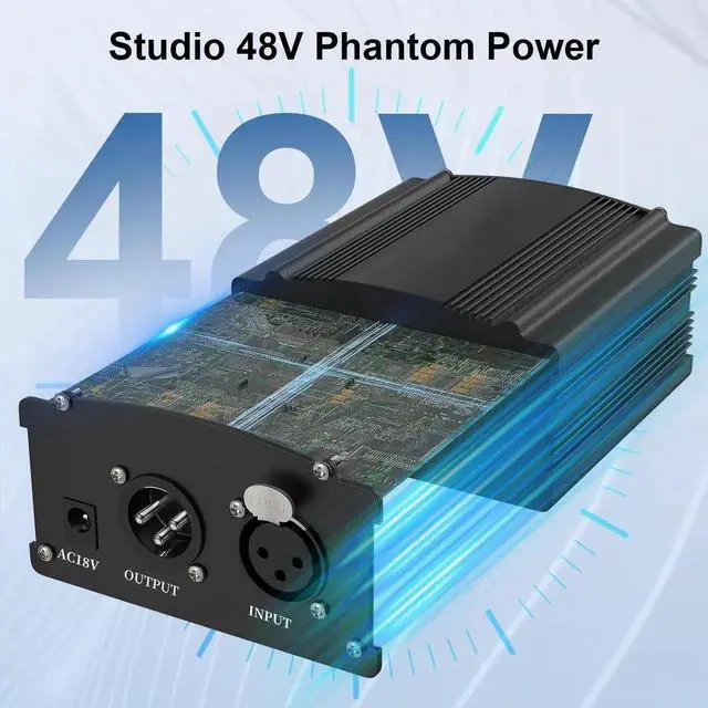Alt view image 2 of 7 - Vszerda 1 Channel 48V Phantom Power Supply with Power Adapter for Condenser Microphone Studio Recording Black