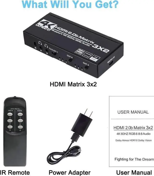 Alt view image 2 of 7 - 3 in 2 Out HDMI 2.0 Matrix Switch 4K@60Hz with Downscaler & Dual Audio Extractor, 3×2 HDMI Matrix Support HDR10, RGB 4:4:4 8bit, Dual SPDIF + Dual 3.5mm L/R Audio, Dolby Atmos HDCP2.2 with IR Remote