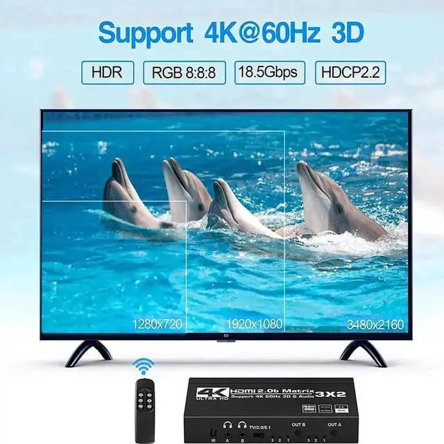 Alt view image 5 of 7 - 3 in 2 Out HDMI 2.0 Matrix Switch 4K@60Hz with Downscaler & Dual Audio Extractor, 3×2 HDMI Matrix Support HDR10, RGB 4:4:4 8bit, Dual SPDIF + Dual 3.5mm L/R Audio, Dolby Atmos HDCP2.2 with IR Remote