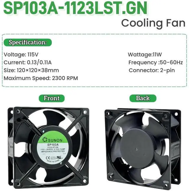 Alt view image 3 of 7 - Vszerda SP103A 1123LST.GN 12038 AC 115V Dual Ball Bearing Cooling Fan 2300RPM 2-Pin for Industrial Cabinet