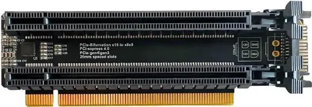 Alt view image 5 of 5 - WRIARICH PCIe 4.0 x16 to x8x8 Bifurcation Split Expansion Card, Gen4 1-to-2 PCI-E Splitter with 20mm Slot Spacing & SATA CPU 4Pin Aux Power Port for GPU Capture Network Cards