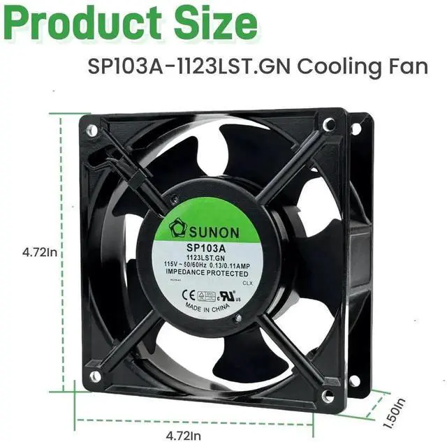 Alt view image 3 of 7 - Vszerda SUNON SP103A 1123LST.GN Axial Cooling Fan, 115V AC, 120×120×38mm, 2-Pin Dual Ball Bearing Fan