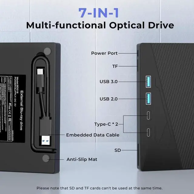 Alt view image 2 of 7 - Vszerda 7 in 1 External CD DVD Drive USB3.0 Type-C Portable CD DVD Burner Optical Drive Compatible with Windows XP/7/8/10 Linux Mac OS Laptop Desktop PC