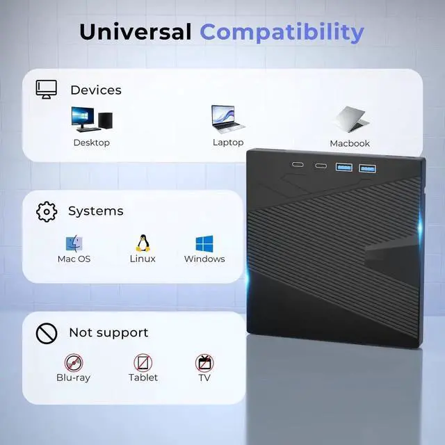 Alt view image 5 of 7 - Vszerda 7 in 1 External CD DVD Drive USB3.0 Type-C Portable CD DVD Burner Optical Drive Compatible with Windows XP/7/8/10 Linux Mac OS Laptop Desktop PC