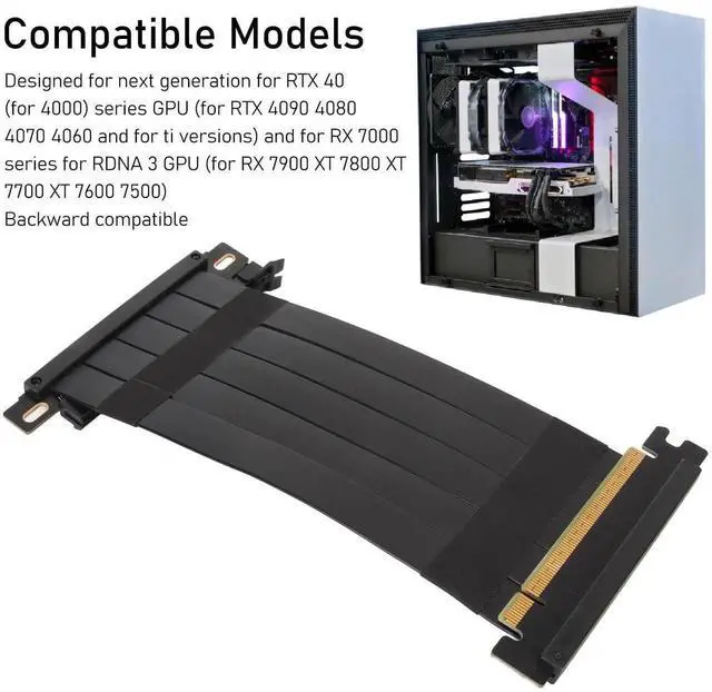 Alt view image 3 of 7 - Vszerda PCIe 4.0 x16 180° Dual Reverse GPU Riser Cable, 40cm Black Flexible Graphics Card Extension Cord Compatible with AMD RX 7900/7800/7700/7600/7500 Series