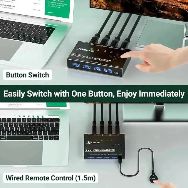 Alt view image 6 of 7 - Vszerda 4×4 USB 3.0 Switch, 4-In-4-Out for 4 PCs Sharing 4 USB Peripherals, Wired Remote & 4 USB-B Cables Included
