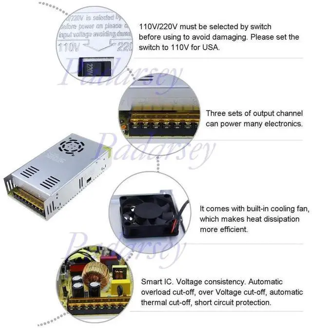 Alt view image 3 of 7 - Vszerda 360W Regulated Switching Power Supply, AC 110V/220V to DC 24V 15A Universal Transformer Driver Adapter for LED Strip Lights, CCTV Cameras, Radio, PC and DIY Electronic Projects