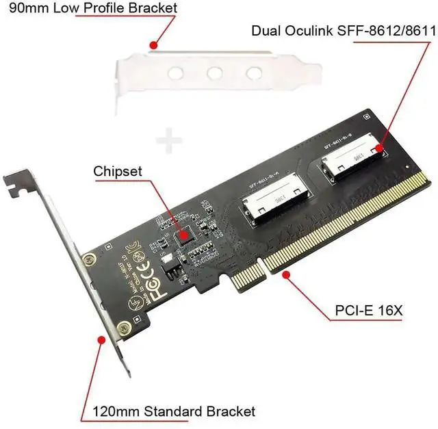 Alt view image 6 of 7 - Vszerda Dual OCuLink SFF-8611/8612 8i to PCIe 4.0 x16 Expansion Adapter, With 8cm & 12cm Low/Full Profile Brackets