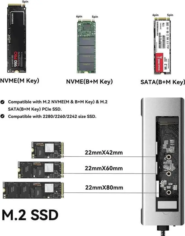 Alt view image 3 of 7 - Vszerda 8-in-1 USB C Docking Station Built-in M.2 NVMe & SATA SSD Enclosure, Multiport Hub with 4K HDMI, Dual 10Gbps USB3.2 (USB-C+USB-A), 100W PD Charging, SD/TF Card Reader for All USB-C Laptops