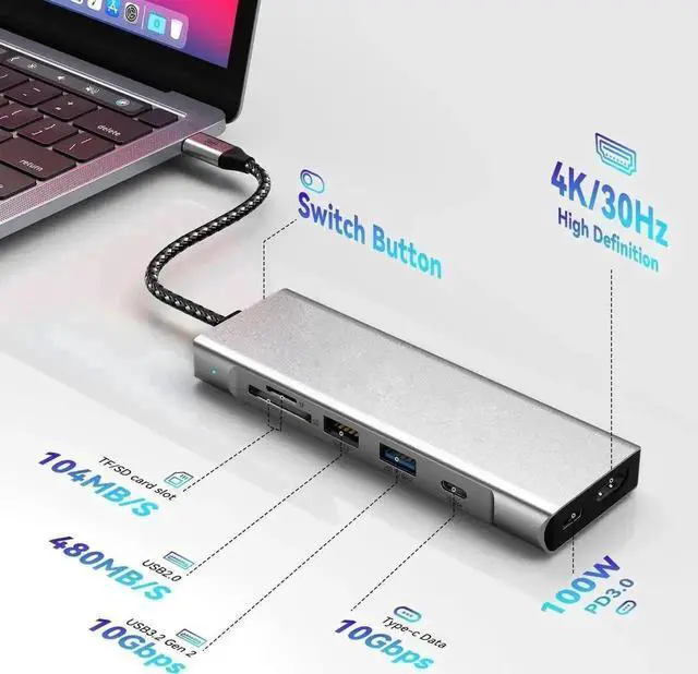 Alt view image 6 of 7 - Vszerda 8-in-1 USB C Docking Station Built-in M.2 NVMe & SATA SSD Enclosure, Multiport Hub with 4K HDMI, Dual 10Gbps USB3.2 (USB-C+USB-A), 100W PD Charging, SD/TF Card Reader for All USB-C Laptops