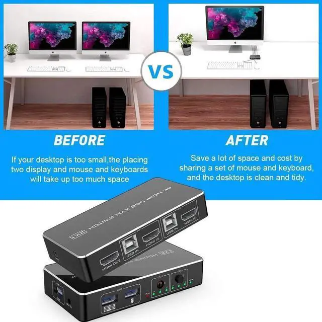 Alt view image 2 of 7 - Vszerda Rocketek 2-Port HDMI KVM Switch Box with 2 USB 2.0 Ports, 2 PCs Share One 4K@30Hz Monitor, Support Wireless Keyboard & Mouse, 2 USB Cables Included