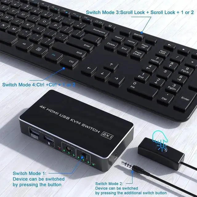 Alt view image 6 of 7 - Vszerda Rocketek 2-Port HDMI KVM Switch Box with 2 USB 2.0 Ports, 2 PCs Share One 4K@30Hz Monitor, Support Wireless Keyboard & Mouse, 2 USB Cables Included