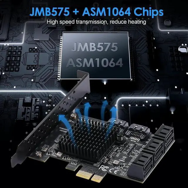 Alt view image 2 of 7 - Vszerda PCIe 3.0 X1 SATA Expansion Card 8 Ports 6Gbps, ASM1064+JMB575 Chipset with 8 SATA Cables, Power Splitter & Low Profile Bracket