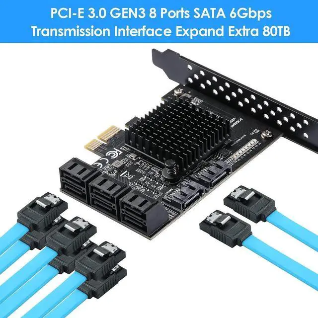 Alt view image 3 of 7 - Vszerda PCIe 3.0 X1 SATA Expansion Card 8 Ports 6Gbps, ASM1064+JMB575 Chipset with 8 SATA Cables, Power Splitter & Low Profile Bracket