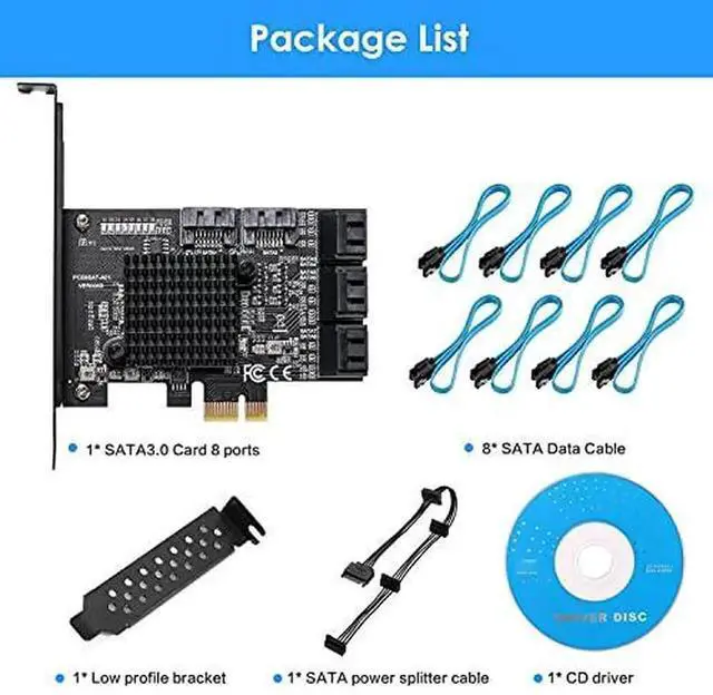 Alt view image 4 of 7 - Vszerda PCIe 3.0 X1 SATA Expansion Card 8 Ports 6Gbps, ASM1064+JMB575 Chipset with 8 SATA Cables, Power Splitter & Low Profile Bracket