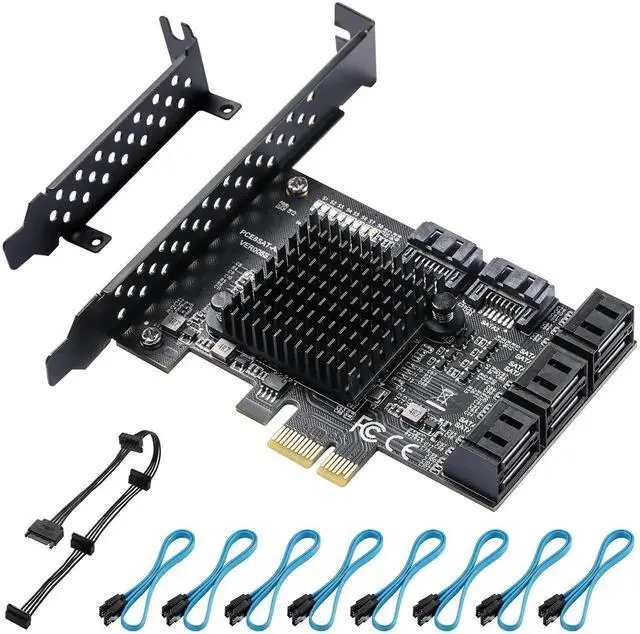 Main image of Vszerda PCIe 3.0 X1 SATA Expansion Card 8 Ports 6Gbps, ASM1064+JMB575 Chipset with 8 SATA Cables, Power Splitter & Low Profile Bracket