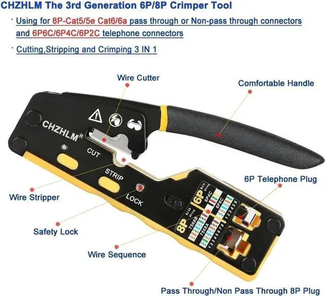 Alt view image 4 of 6 - All-in-One Pass Through RJ45 Crimp Tool Kit, Network Crimper for 8P RJ45 Cat5/Cat5e/Cat6/Cat6a & 6P RJ11/RJ12 Telephone Plugs, Includes 50PCS Connectors, 50PCS Cable Boots & Mini Yellow Wire Stripper