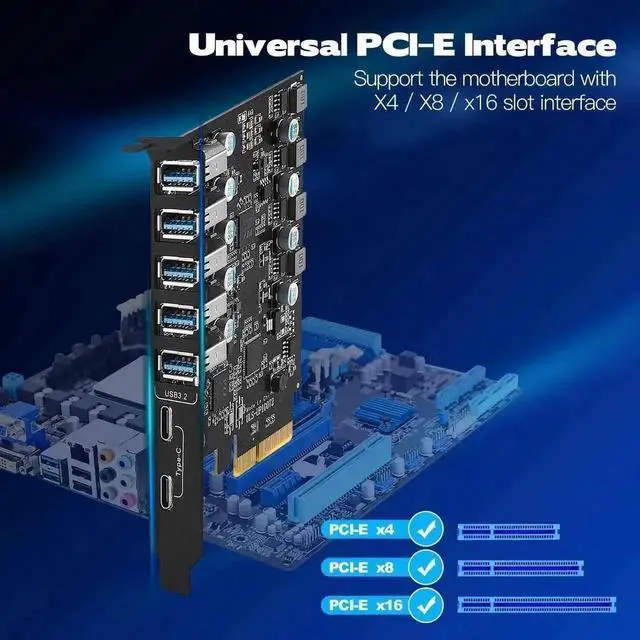 Alt view image 4 of 6 - Vszerda 7-Port PCIe USB 3.2 Gen1 Expansion Card, 5Gbps Super Speed PCI Express Hub Adapter (2×USB-C + 5×USB-A), Self-Powered Design for Desktop PC, Compatible Windows XP/Vista/7/8/10/11