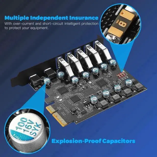 Alt view image 5 of 6 - Vszerda 7-Port PCIe USB 3.2 Gen1 Expansion Card, 5Gbps Super Speed PCI Express Hub Adapter (2×USB-C + 5×USB-A), Self-Powered Design for Desktop PC, Compatible Windows XP/Vista/7/8/10/11