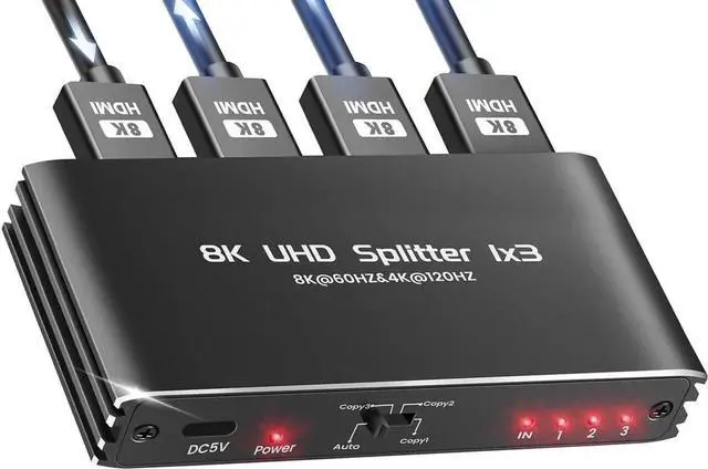 Main image of Vszerda 1 in 3 Out HDMI Splitter 1x3, Powered HDMI Mirror Splitter Supports 4K 120Hz & 8K 60Hz, Duplicate 1 Video Source to 3 Identical Displays