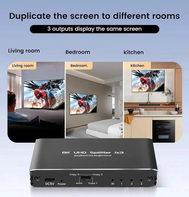 Alt view image 7 of 7 - Vszerda 1 in 3 Out HDMI Splitter 1x3, Powered HDMI Mirror Splitter Supports 4K 120Hz & 8K 60Hz, Duplicate 1 Video Source to 3 Identical Displays