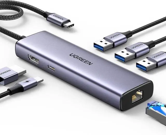 Main image of Revodok 6 in 1 USB C Multiport Hub with Gigabit Ethernet, 4K HDMI, 100W PD Pass-Through, USB-A Data Ports, USB C Dongle Compatible with Mac M1/M2/M3, iPad, iPhone 16 Pro/Pro Max, Steam Deck, XP