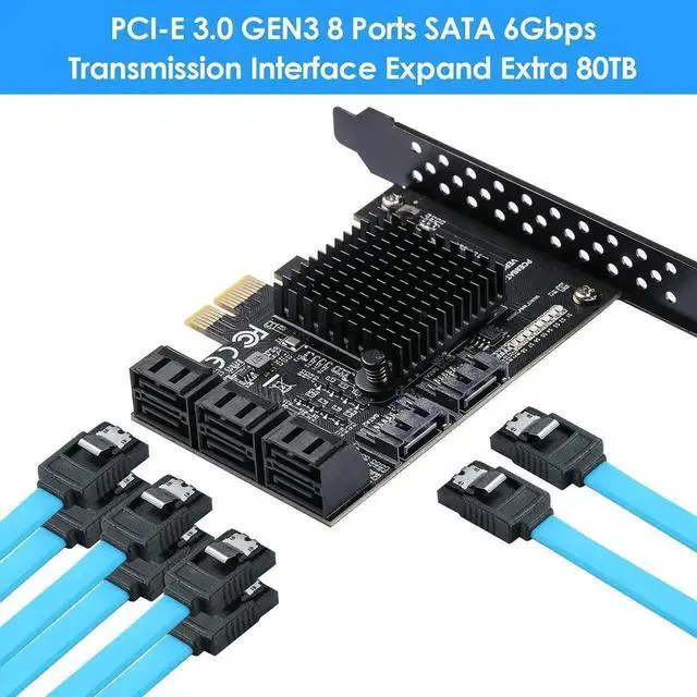 Alt view image 3 of 7 - Vszerda PCIe 3.0 X1 SATA Expansion Card 8 Ports 6Gbps, ASM1064+JMB575 SATA Controller Card with 8 SATA Data Cables, SATA Power Splitter Cable & Low Profile Bracket for Desktop PC NAS HDD SSD