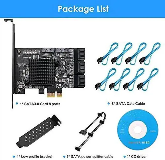 Alt view image 6 of 7 - Vszerda PCIe 3.0 X1 SATA Expansion Card 8 Ports 6Gbps, ASM1064+JMB575 SATA Controller Card with 8 SATA Data Cables, SATA Power Splitter Cable & Low Profile Bracket for Desktop PC NAS HDD SSD