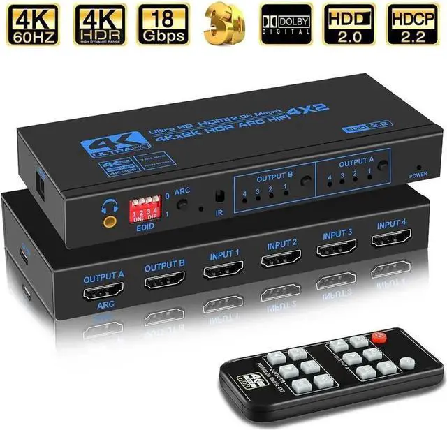 Main image of Vszerda 4 In 2 Out HDMI 2.0 Matrix Switch Model OZJ2-1 with IR Remote, ARC & SPDIF Audio Extractor EDID Management 4K HD Video Splitter