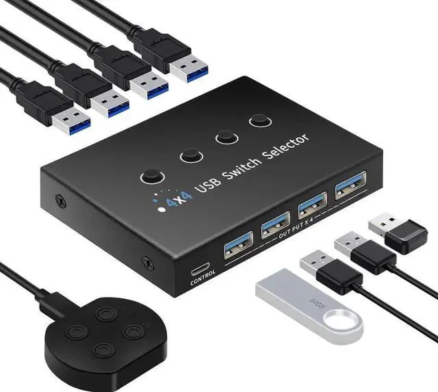 Main image of Vszerda 4-Port USB 3.0 Switch for 3/4 PCs Sharing 4 USB Devices, Desktop Controller & 4 USB Cables Included